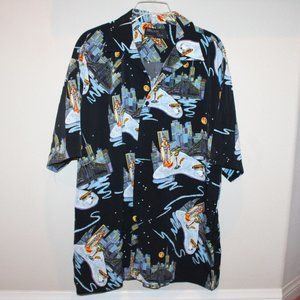 vtg Million Guy men's Large button front black shirt cocktail martini skyline